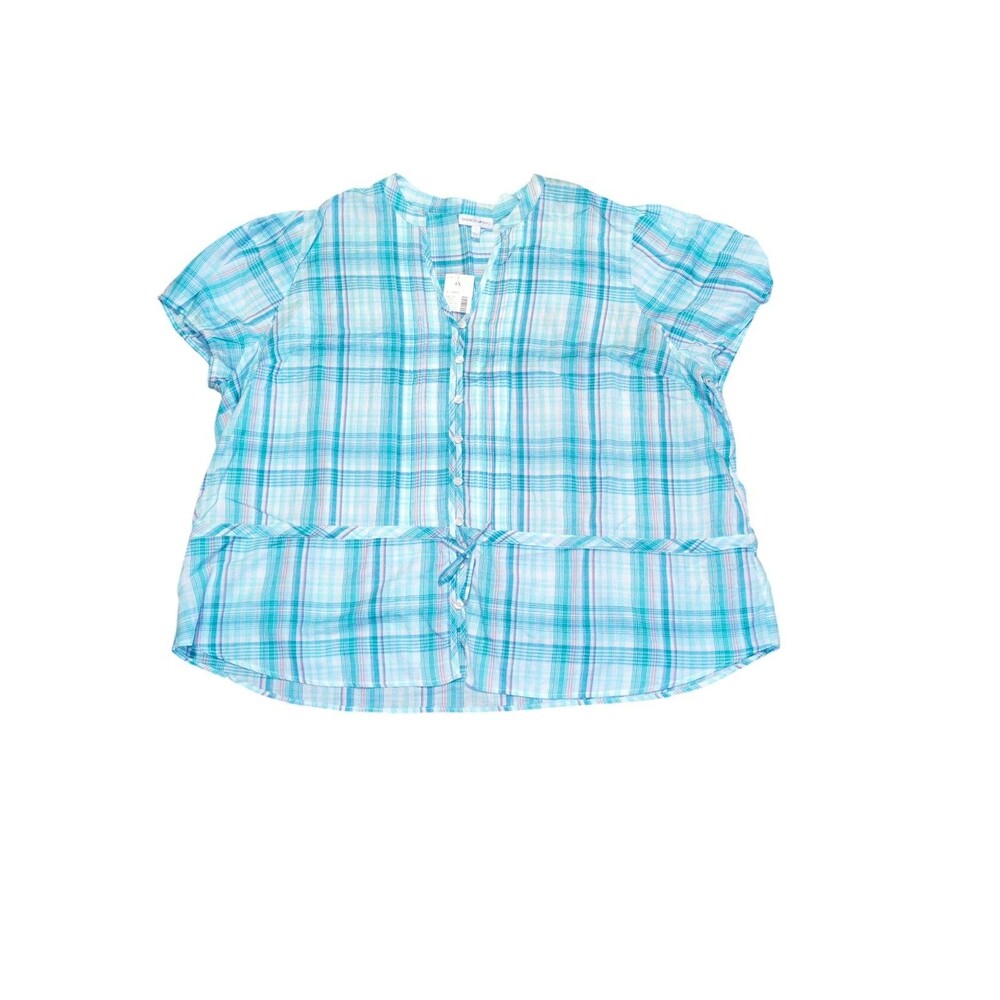 Fashion Bug Blue Aqua Plaid Short Sleeve Tie Waist Button Up Top Size 4X